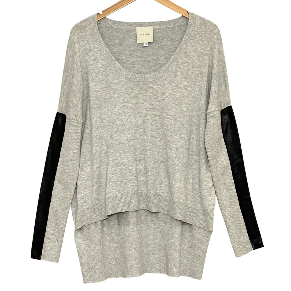 Edgy Chic Womens Sweater M Gray Black Cashmere Lambskin Leather Tunic Quiet Lux